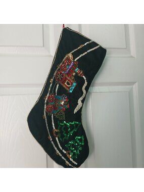VTG Black Velvet Christmas Stocking W/ Sequined Train Silver Trim Holiday #D-21